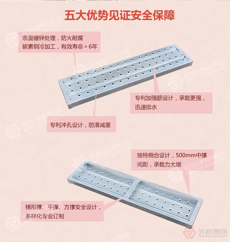 元拓 淄博曹王莊鎮(zhèn)鋼跳板 鋼跳板的結(jié)構(gòu)要求 熱浸鋅鋼跳板廠家  五大優(yōu)勢(shì)見證安全保障，表面鍍鋅處理，防火耐腐，碳素鋼冷加工，壽命大于6年，加強(qiáng)筋設(shè)計(jì)，專業(yè)沖孔，防滑設(shè)計(jì)，
