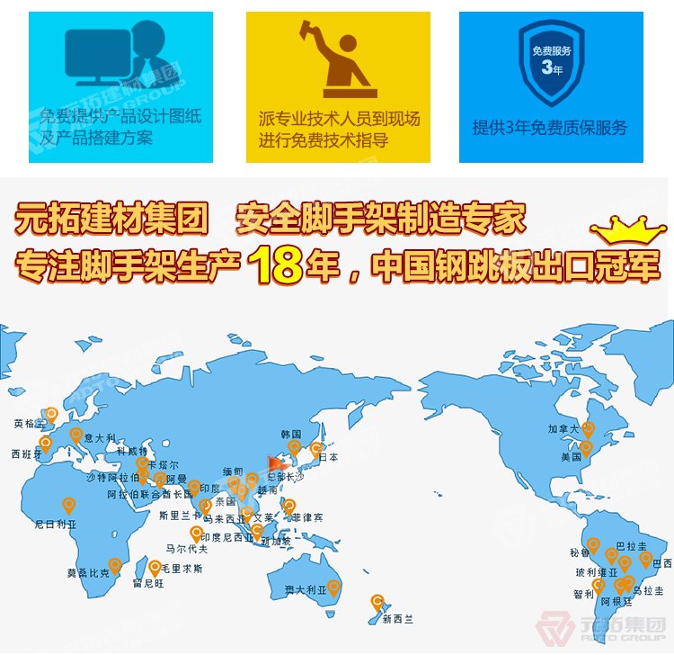 元拓建材集團(tuán)，安全腳手架制造專家！專注腳手架生產(chǎn)18年，中國鋼跳板出口冠軍！